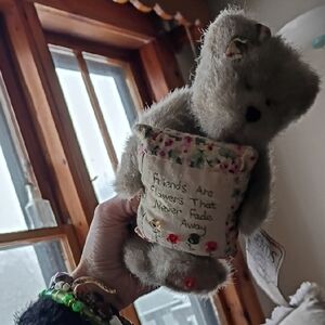 Gray Stuffed Bear with Floral Accents